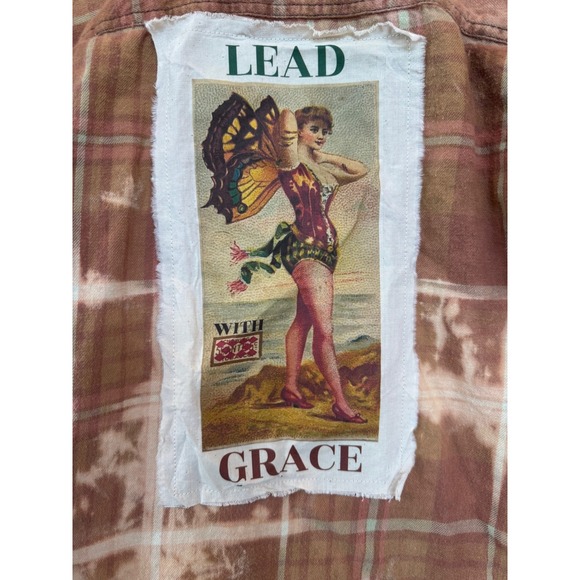 Upcycled Flannel Lead With Grace Fairy Patch Bleach Dye Boho Shirt Medium - Picture 2 of 7